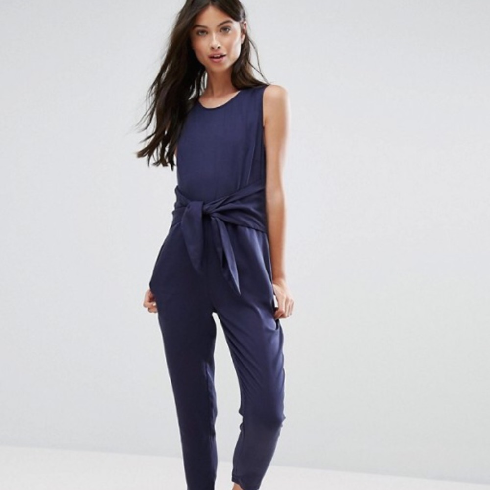Zara XS petite one piece jumpsuit tie front navy